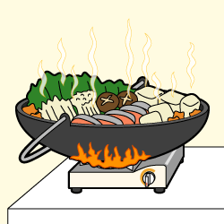 （イラスト）カセットこんろよりも大きな鍋を火にかけている様子