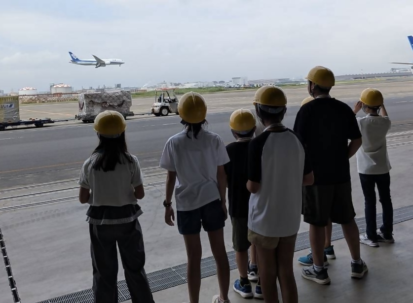 格納庫から飛行機を眺めている写真