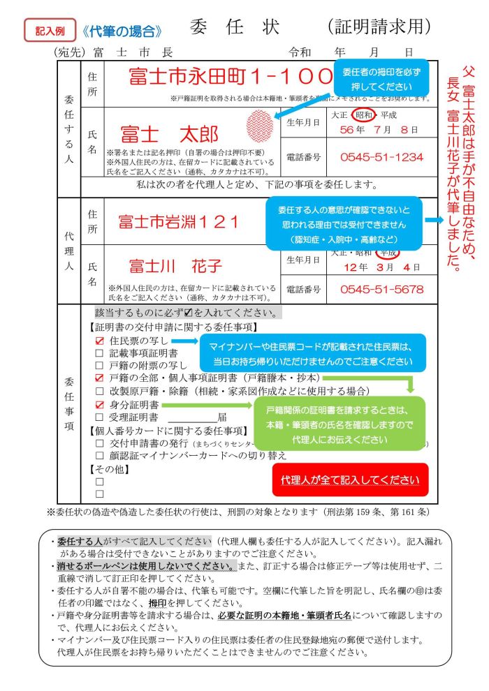 委任状の記入例(代筆の場合)