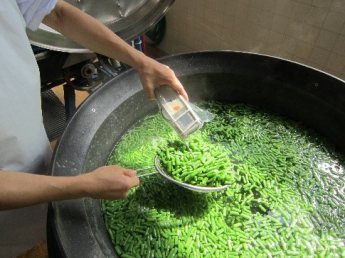 写真　温度を確認して野菜を茹でます