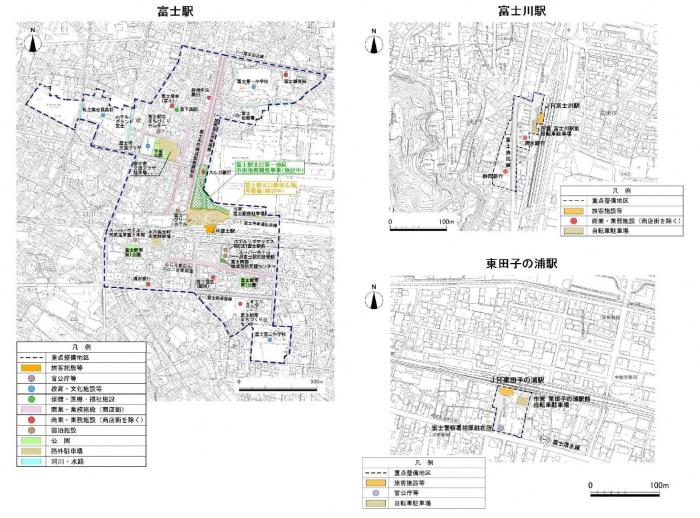 （画像）富士駅、富士川駅及び東田子の浦駅周辺の重点整備地区及び生活関連施設・生活関連経路位置図